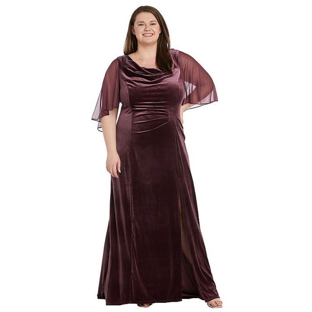 R&M Richards Chiffon Cowled Velvet Side Slit Maci Caplet Dress